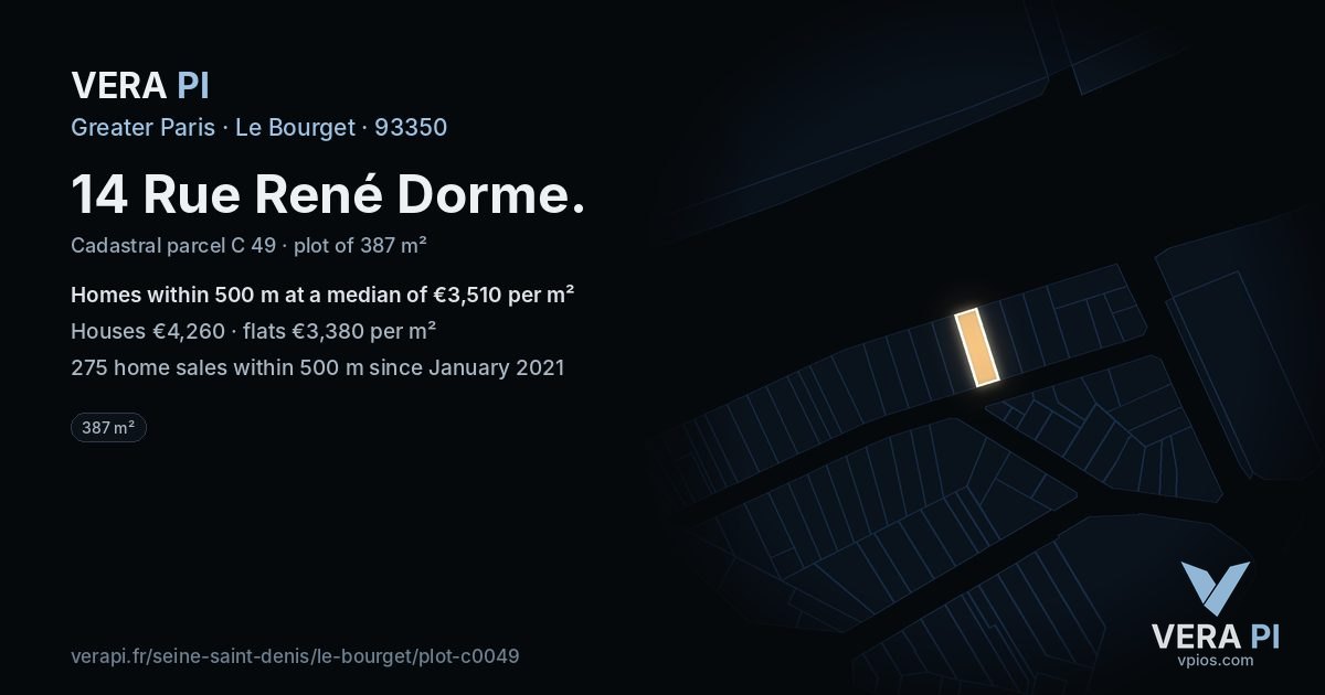 14 Rue René Dorme, Le Bourget at night – the plot lit, the parcels around coloured by the prices near them