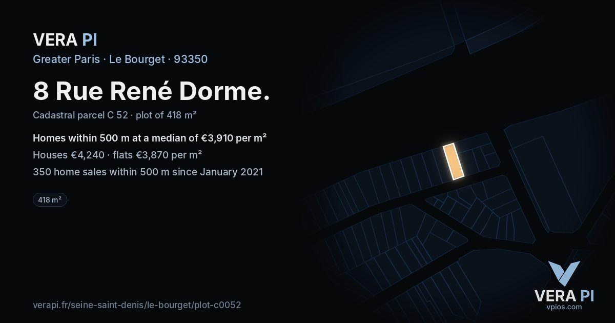 8 Rue René Dorme, Le Bourget at night – the plot lit, the parcels around coloured by the prices near them