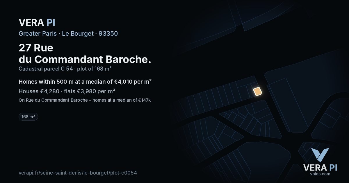 27 Rue du Commandant Baroche, Le Bourget at night – the plot lit, the parcels around coloured by the prices near them