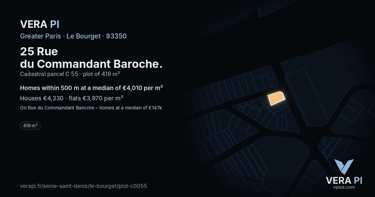 25 Rue du Commandant Baroche, Le Bourget at night – the plot lit, the parcels around coloured by the prices near them