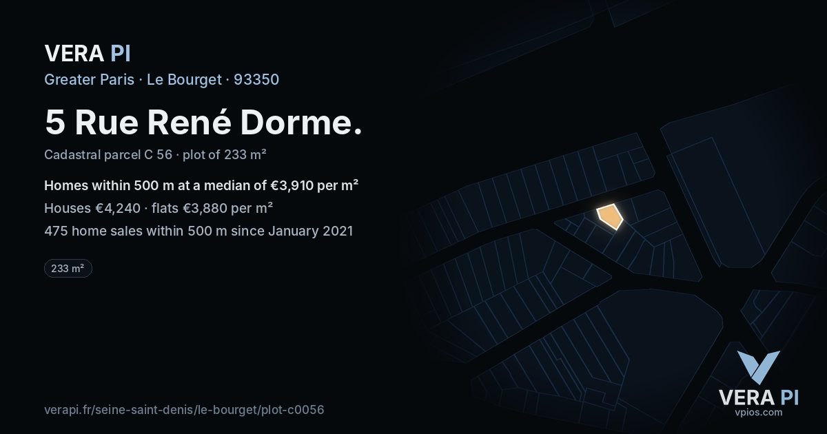 5 Rue René Dorme, Le Bourget at night – the plot lit, the parcels around coloured by the prices near them