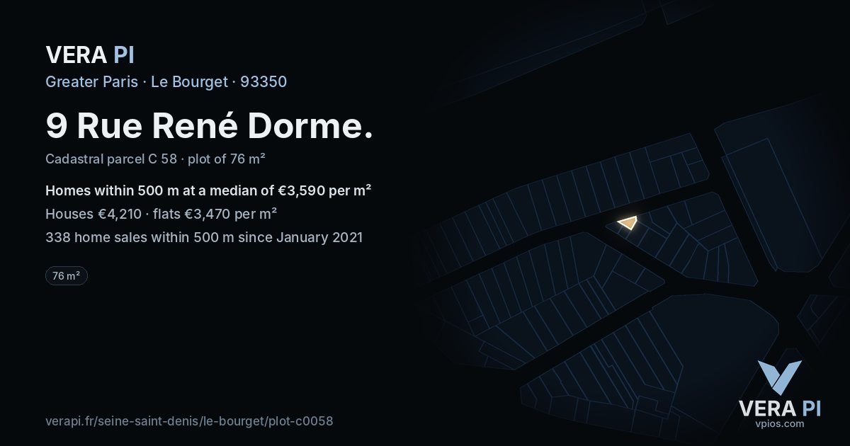 9 Rue René Dorme, Le Bourget at night – the plot lit, the parcels around coloured by the prices near them