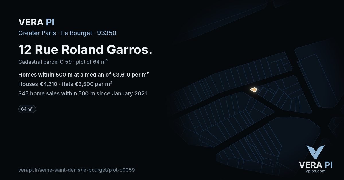 12 Rue Roland Garros, Le Bourget at night – the plot lit, the parcels around coloured by the prices near them