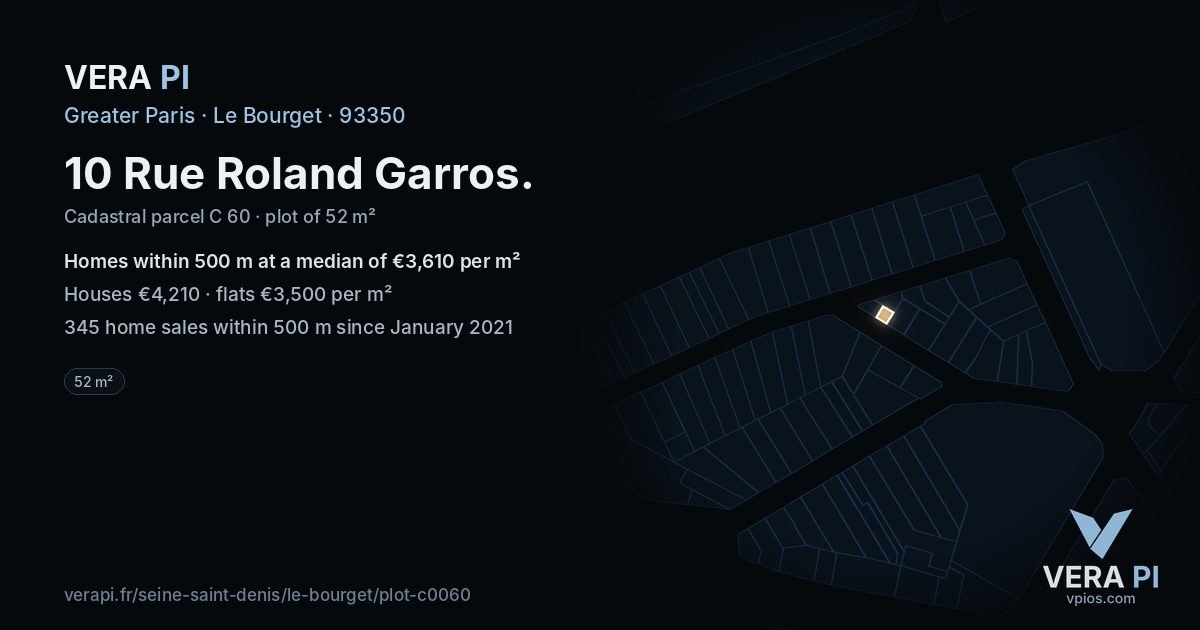 10 Rue Roland Garros, Le Bourget at night – the plot lit, the parcels around coloured by the prices near them