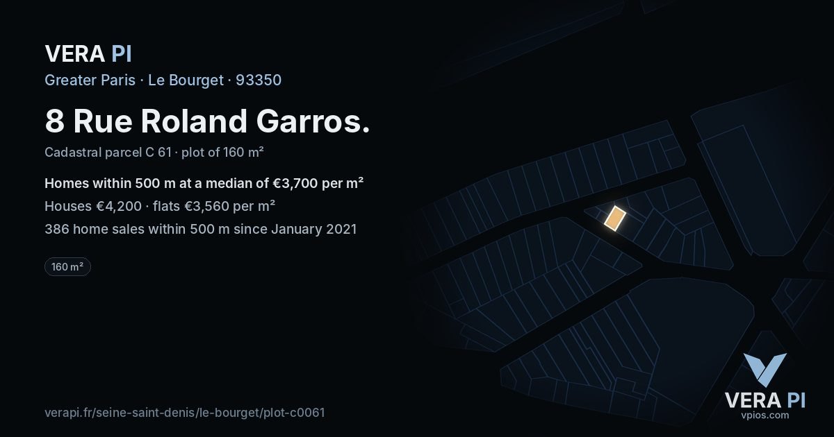 8 Rue Roland Garros, Le Bourget at night – the plot lit, the parcels around coloured by the prices near them