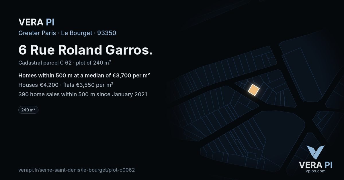 6 Rue Roland Garros, Le Bourget at night – the plot lit, the parcels around coloured by the prices near them