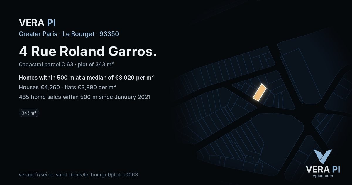 4 Rue Roland Garros, Le Bourget at night – the plot lit, the parcels around coloured by the prices near them