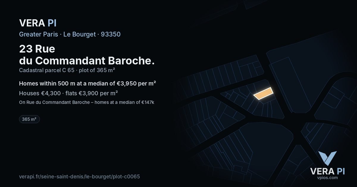 23 Rue du Commandant Baroche, Le Bourget at night – the plot lit, the parcels around coloured by the prices near them