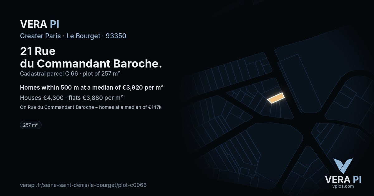 21 Rue du Commandant Baroche, Le Bourget at night – the plot lit, the parcels around coloured by the prices near them