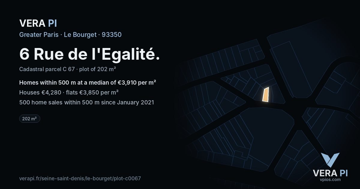 6 Rue de l'Egalité, Le Bourget at night – the plot lit, the parcels around coloured by the prices near them