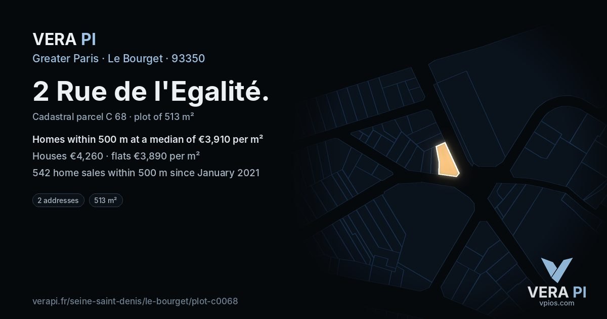 2 Rue de l'Egalité, Le Bourget at night – the plot lit, the parcels around coloured by the prices near them