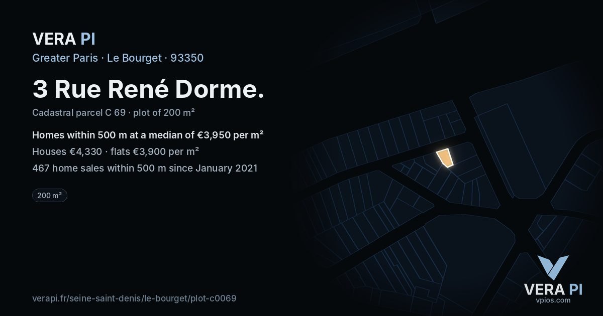 3 Rue René Dorme, Le Bourget at night – the plot lit, the parcels around coloured by the prices near them