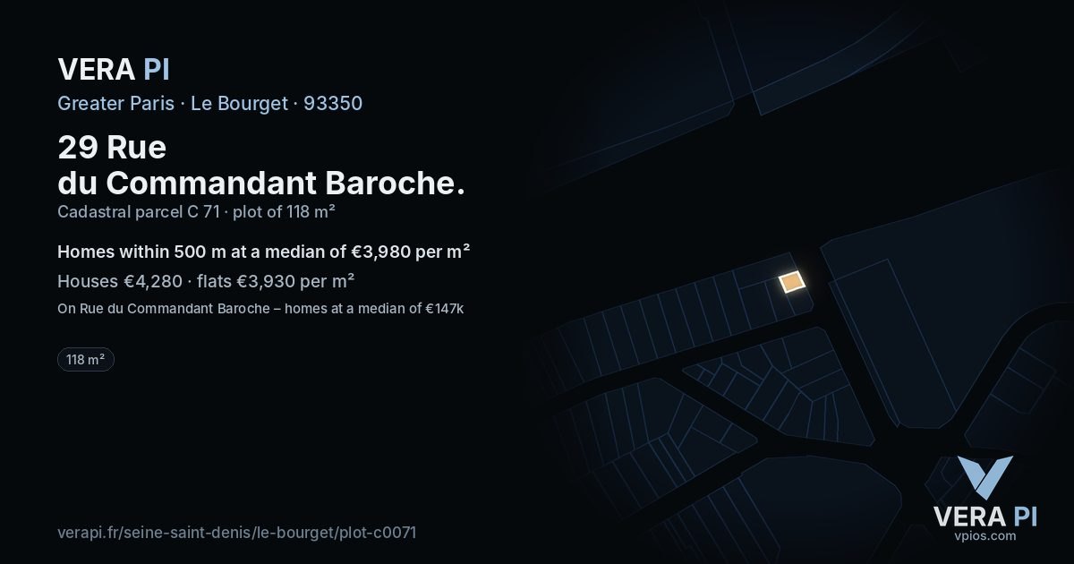 29 Rue du Commandant Baroche, Le Bourget at night – the plot lit, the parcels around coloured by the prices near them