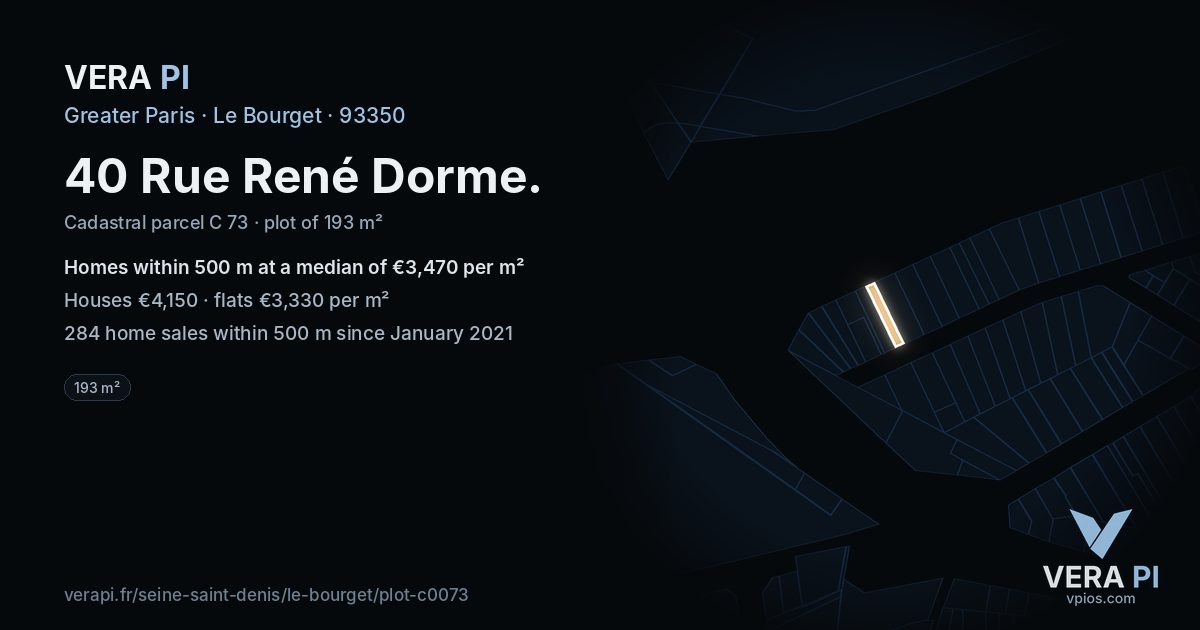 40 Rue René Dorme, Le Bourget at night – the plot lit, the parcels around coloured by the prices near them