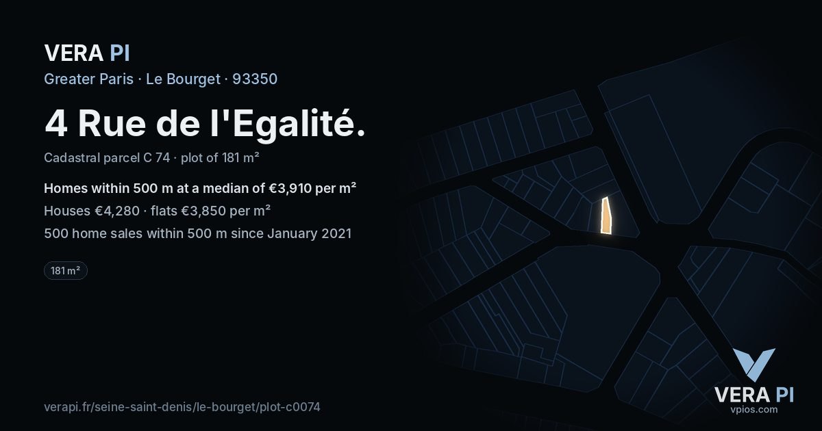 4 Rue de l'Egalité, Le Bourget at night – the plot lit, the parcels around coloured by the prices near them