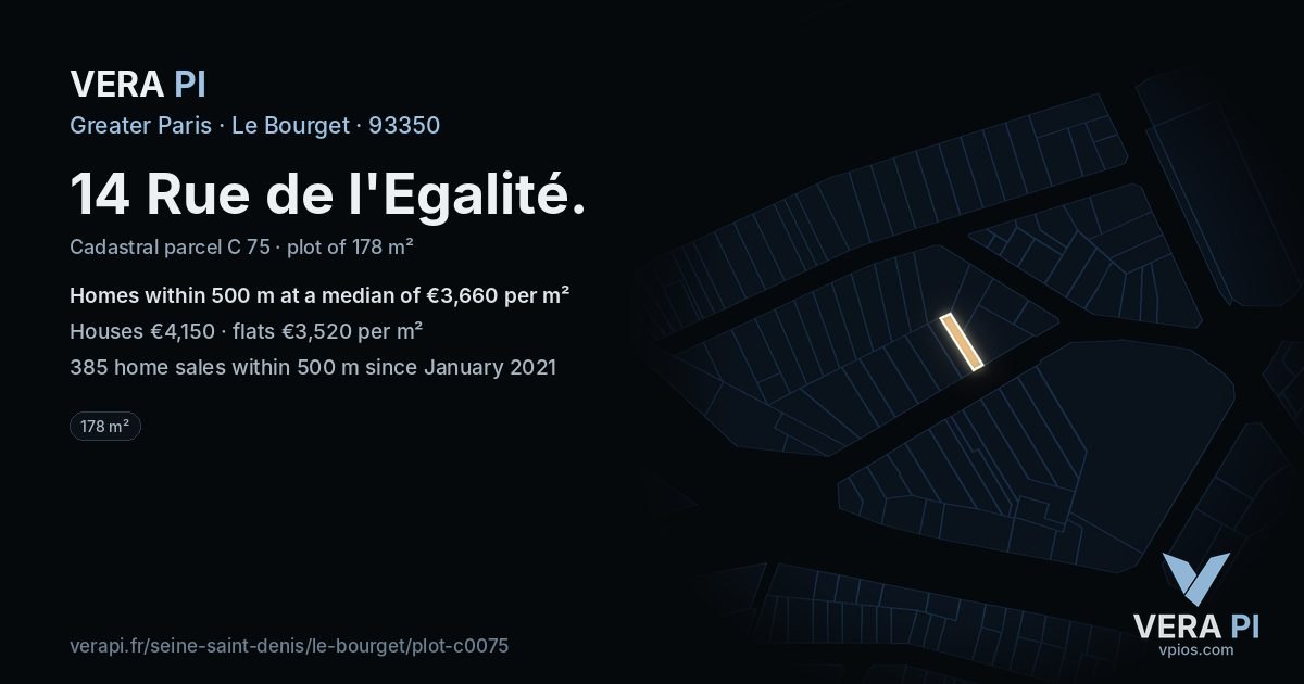 14 Rue de l'Egalité, Le Bourget at night – the plot lit, the parcels around coloured by the prices near them