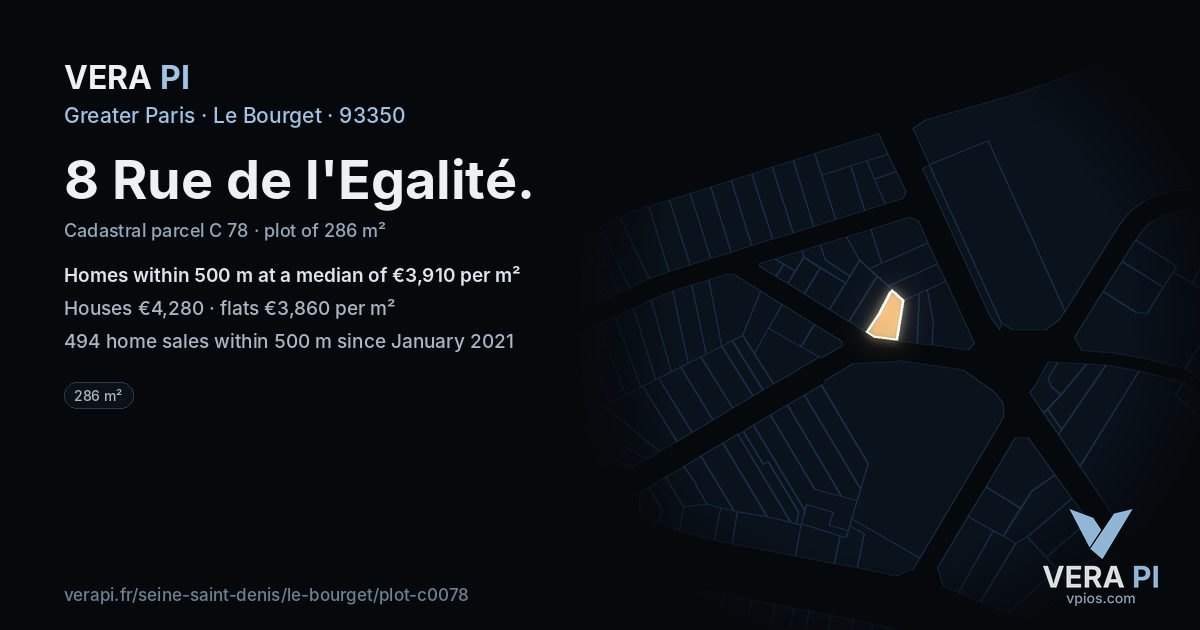 8 Rue de l'Egalité, Le Bourget at night – the plot lit, the parcels around coloured by the prices near them