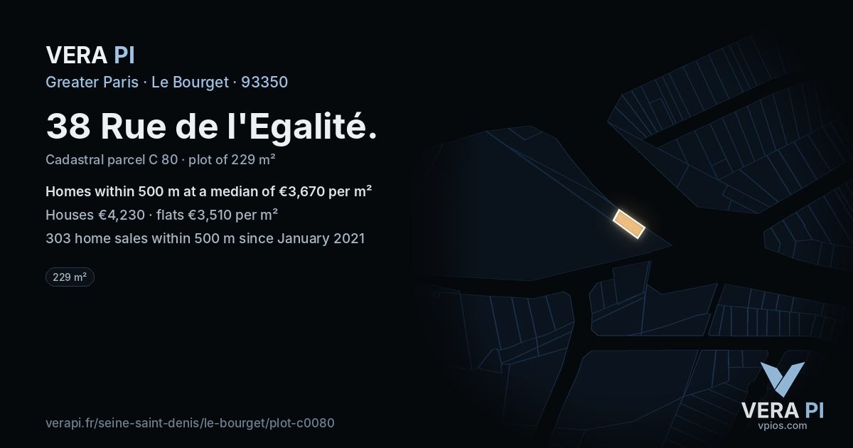 38 Rue de l'Egalité, Le Bourget at night – the plot lit, the parcels around coloured by the prices near them