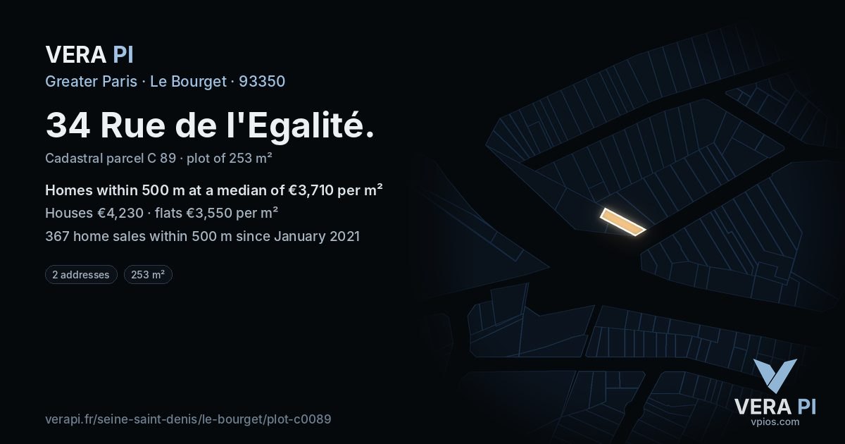 34 Rue de l'Egalité, Le Bourget at night – the plot lit, the parcels around coloured by the prices near them