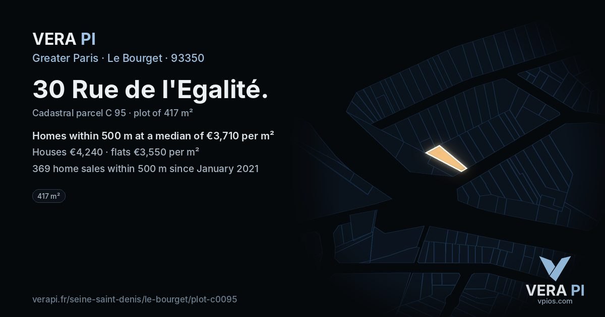 30 Rue de l'Egalité, Le Bourget at night – the plot lit, the parcels around coloured by the prices near them