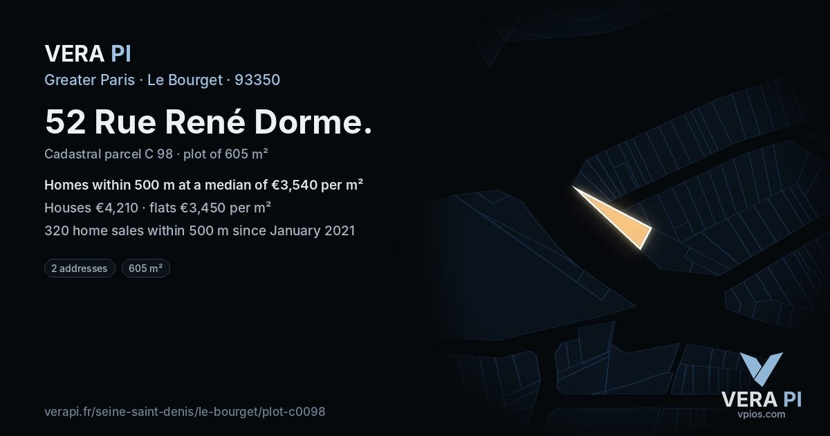 52 Rue René Dorme, Le Bourget at night – the plot lit, the parcels around coloured by the prices near them