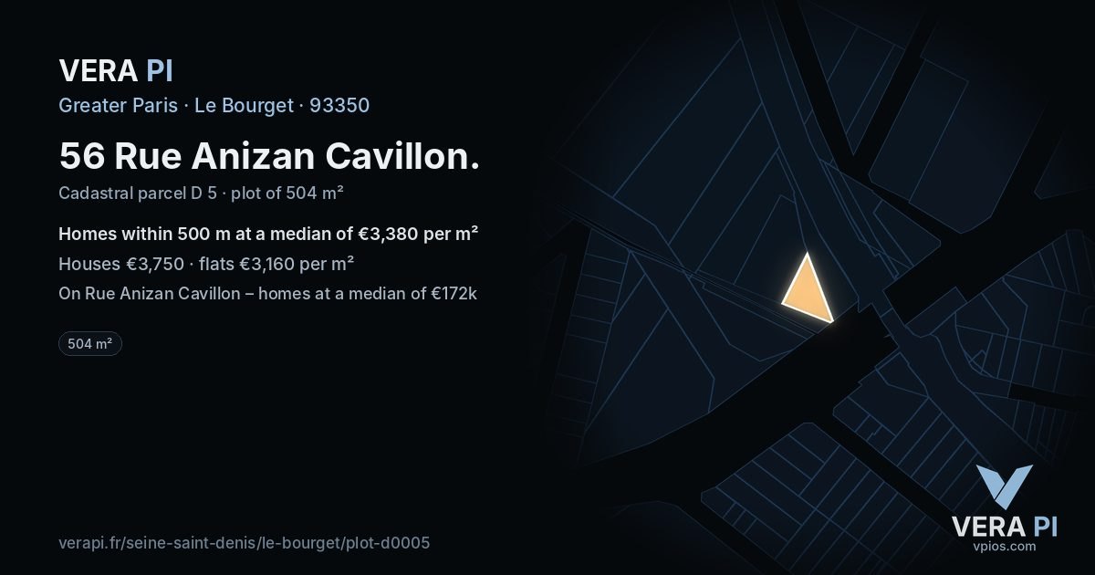 56 Rue Anizan Cavillon, Le Bourget at night – the plot lit, the parcels around coloured by the prices near them