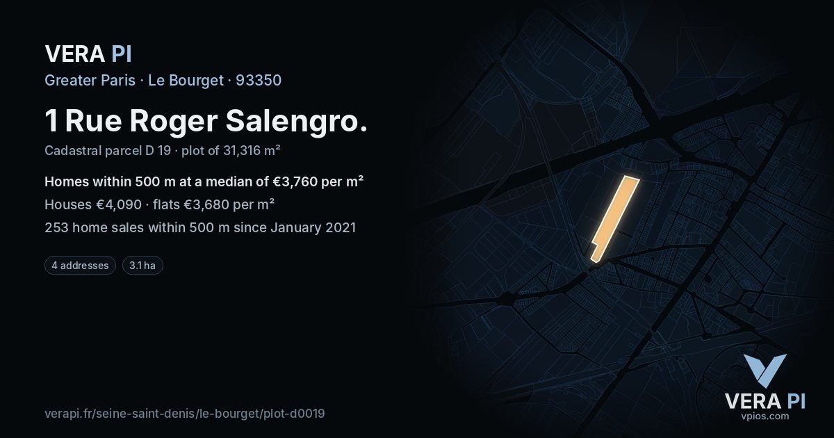 1 Rue Roger Salengro, Le Bourget at night – the plot lit, the parcels around coloured by the prices near them