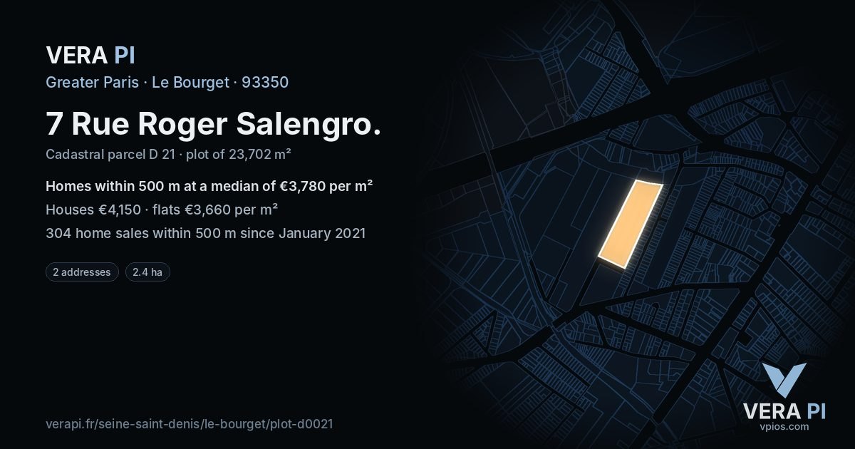 7 Rue Roger Salengro, Le Bourget at night – the plot lit, the parcels around coloured by the prices near them