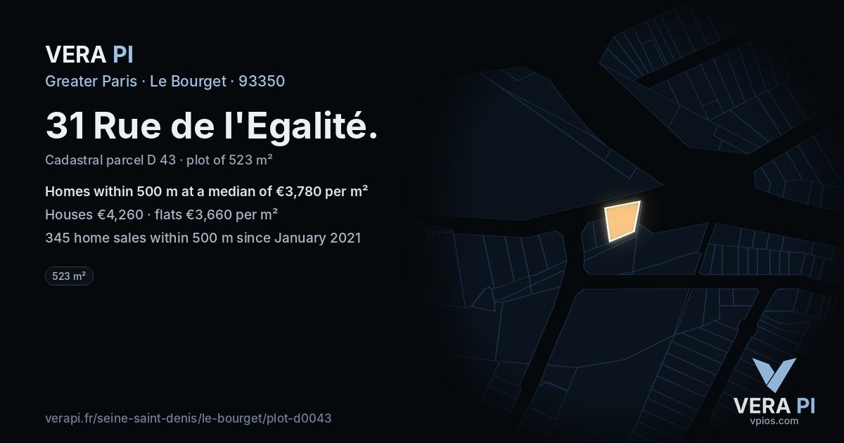 31 Rue de l'Egalité, Le Bourget at night – the plot lit, the parcels around coloured by the prices near them