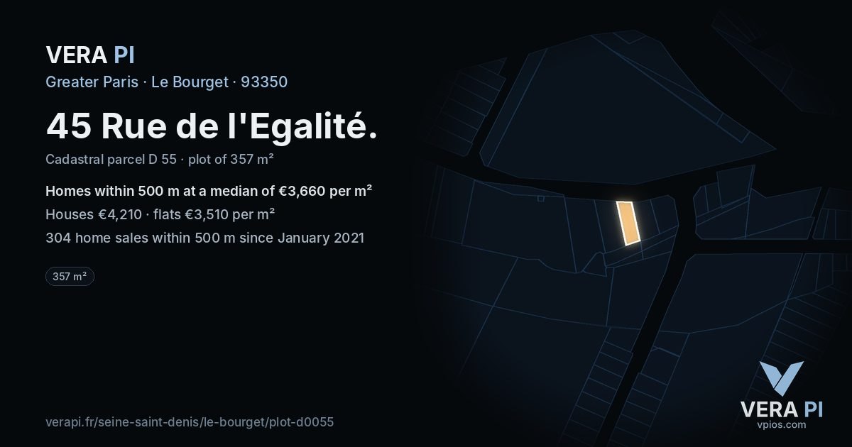 45 Rue de l'Egalité, Le Bourget at night – the plot lit, the parcels around coloured by the prices near them