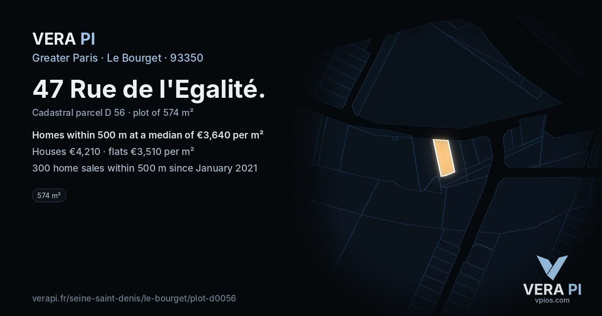 47 Rue de l'Egalité, Le Bourget at night – the plot lit, the parcels around coloured by the prices near them