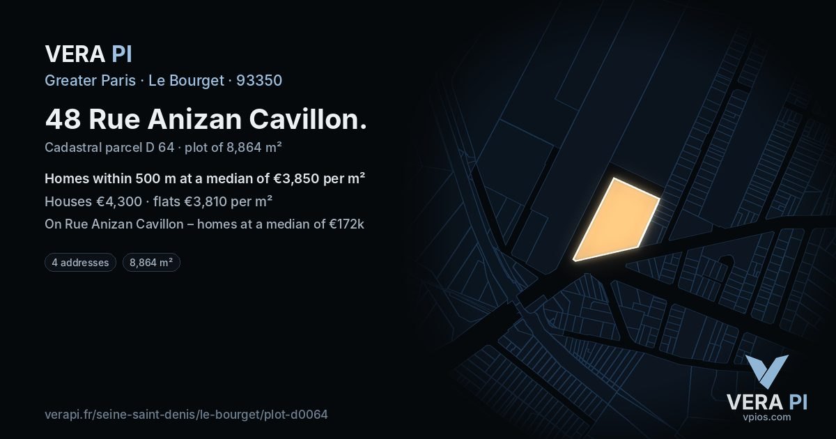 48 Rue Anizan Cavillon, Le Bourget at night – the plot lit, the parcels around coloured by the prices near them