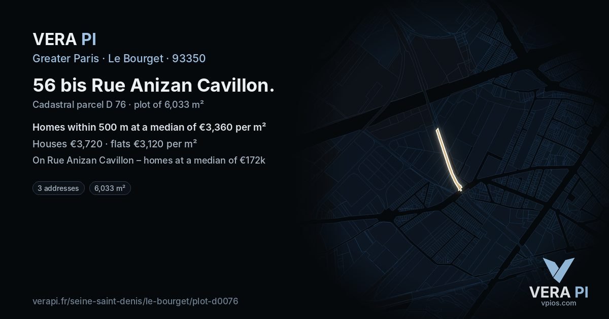 56 bis Rue Anizan Cavillon, Le Bourget at night – the plot lit, the parcels around coloured by the prices near them