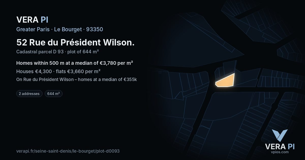 52 Rue du Président Wilson, Le Bourget at night – the plot lit, the parcels around coloured by the prices near them