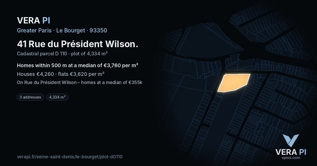 41 Rue du Président Wilson, Le Bourget at night – the plot lit, the parcels around coloured by the prices near them