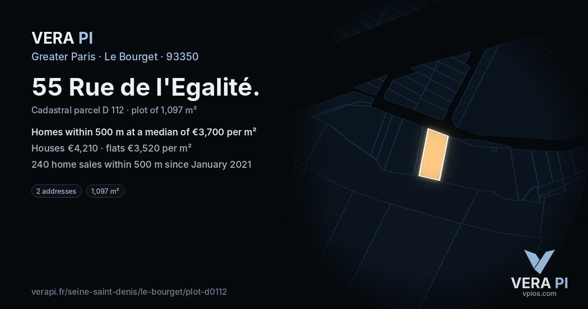 55 Rue de l'Egalité, Le Bourget at night – the plot lit, the parcels around coloured by the prices near them