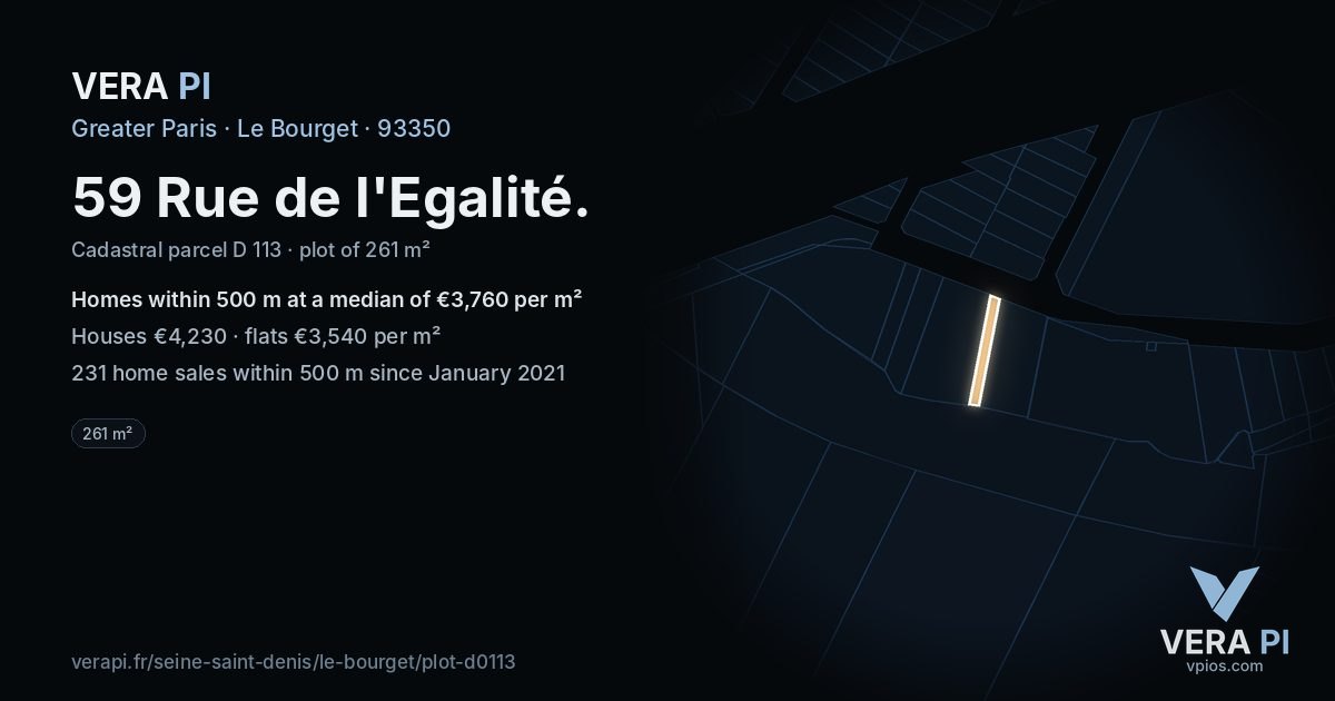 59 Rue de l'Egalité, Le Bourget at night – the plot lit, the parcels around coloured by the prices near them