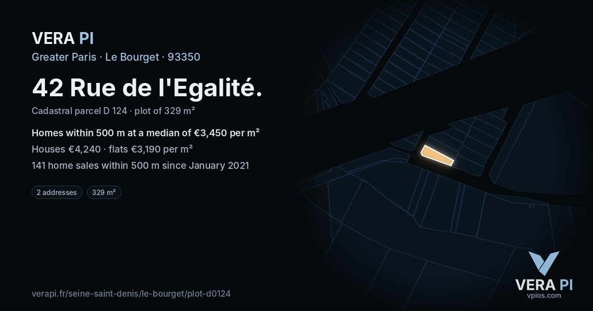 42 Rue de l'Egalité, Le Bourget at night – the plot lit, the parcels around coloured by the prices near them