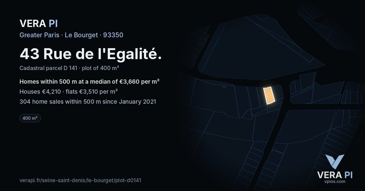 43 Rue de l'Egalité, Le Bourget at night – the plot lit, the parcels around coloured by the prices near them