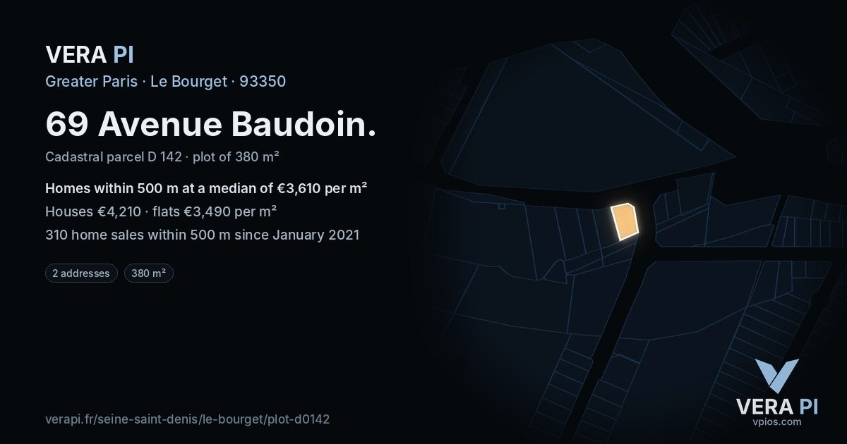 69 Avenue Baudoin, Le Bourget at night – the plot lit, the parcels around coloured by the prices near them