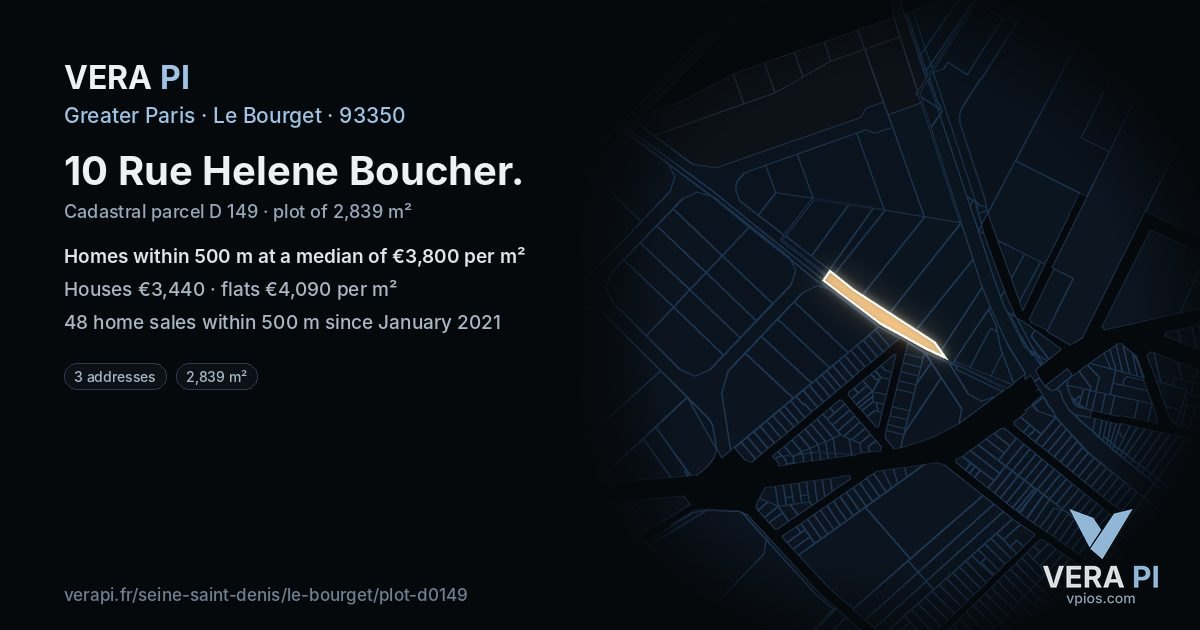 10 Rue Helene Boucher, Le Bourget at night – the plot lit, the parcels around coloured by the prices near them