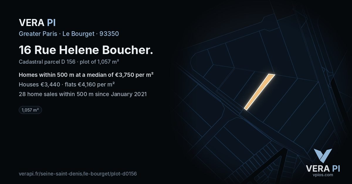 16 Rue Helene Boucher, Le Bourget at night – the plot lit, the parcels around coloured by the prices near them