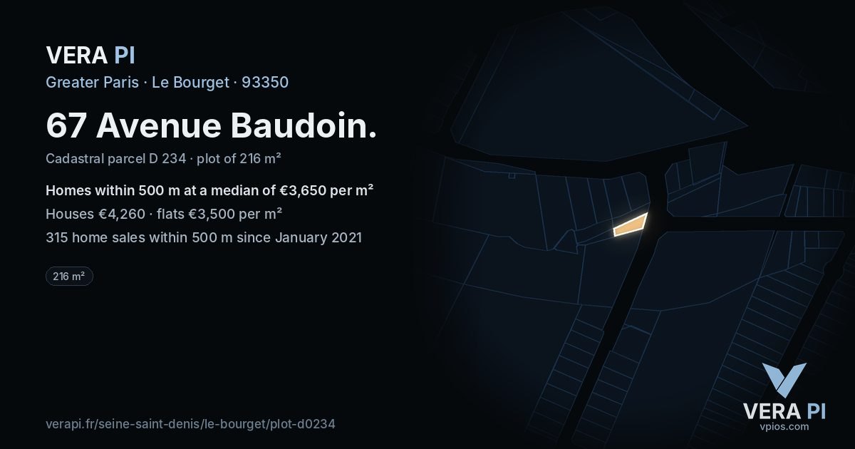 67 Avenue Baudoin, Le Bourget at night – the plot lit, the parcels around coloured by the prices near them