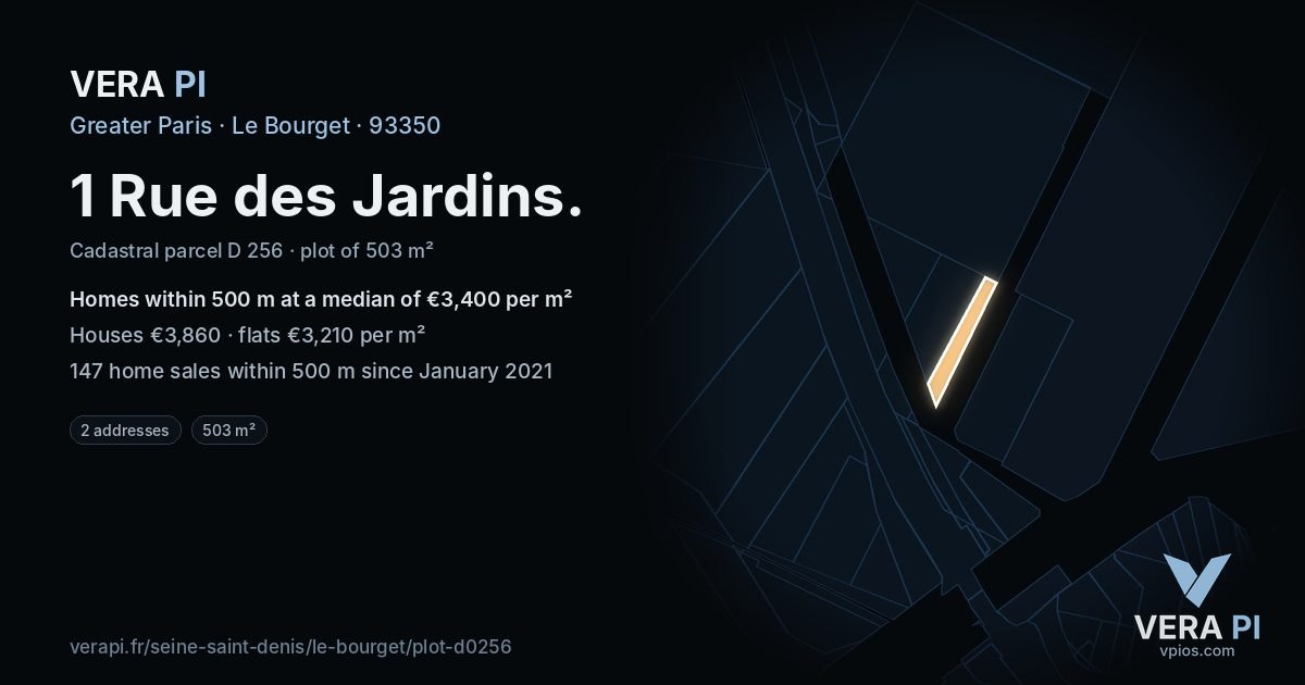 1 Rue des Jardins, Le Bourget at night – the plot lit, the parcels around coloured by the prices near them