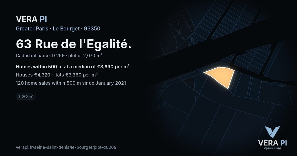 63 Rue de l'Egalité, Le Bourget at night – the plot lit, the parcels around coloured by the prices near them