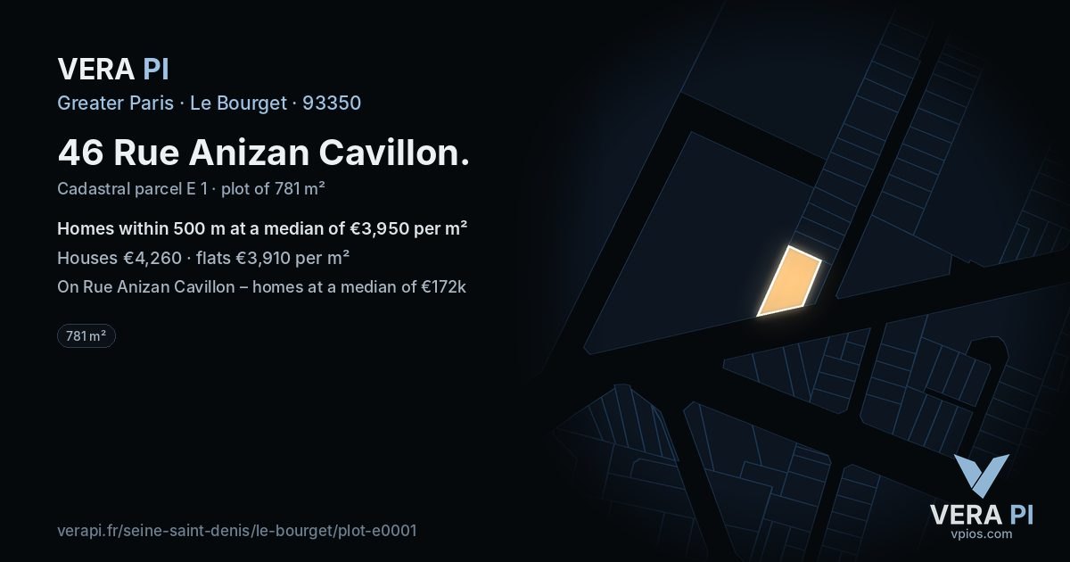 46 Rue Anizan Cavillon, Le Bourget at night – the plot lit, the parcels around coloured by the prices near them