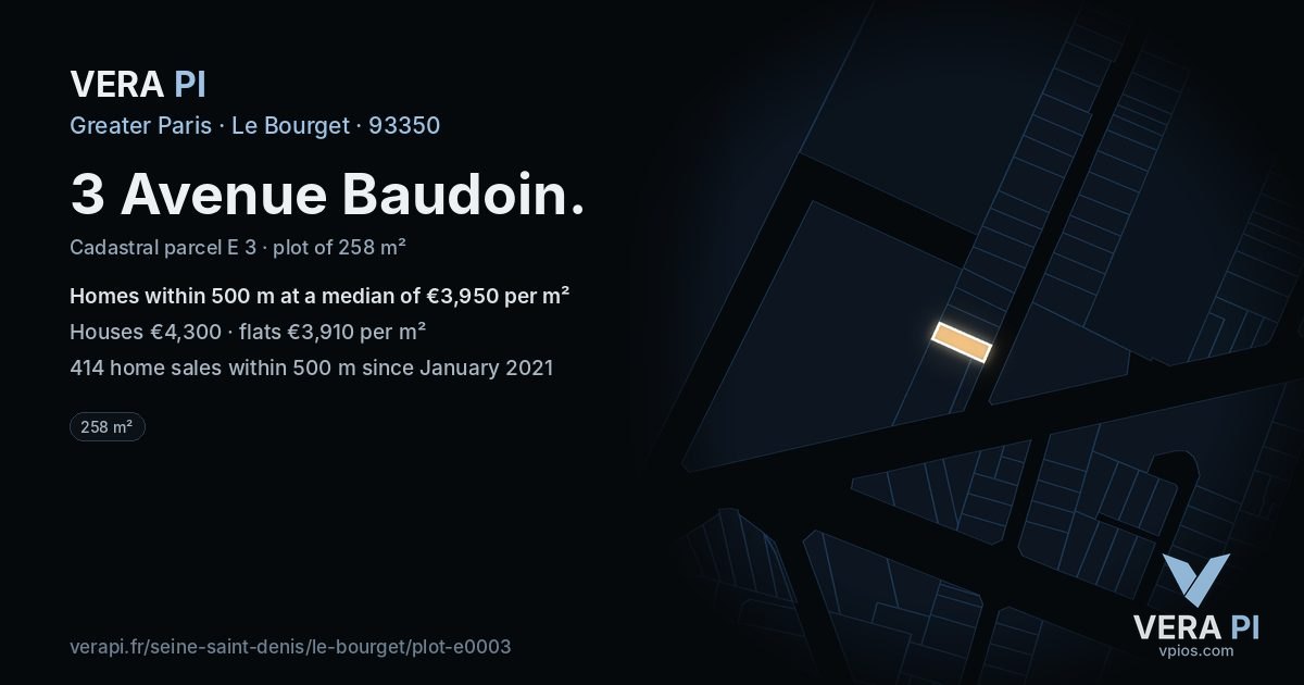 3 Avenue Baudoin, Le Bourget at night – the plot lit, the parcels around coloured by the prices near them