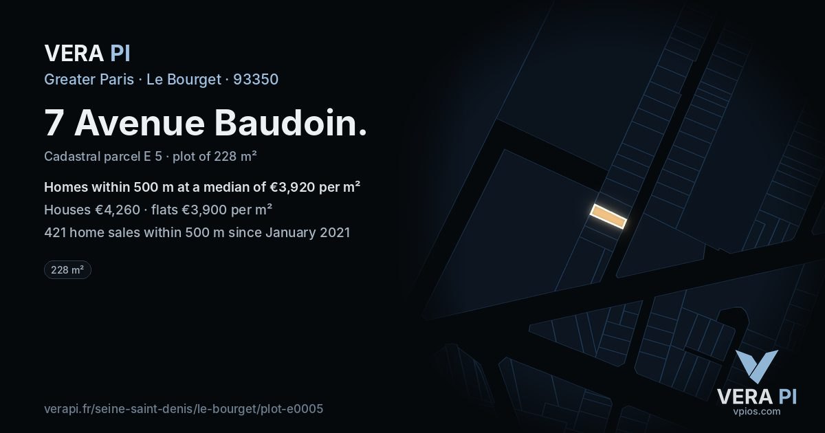 7 Avenue Baudoin, Le Bourget at night – the plot lit, the parcels around coloured by the prices near them