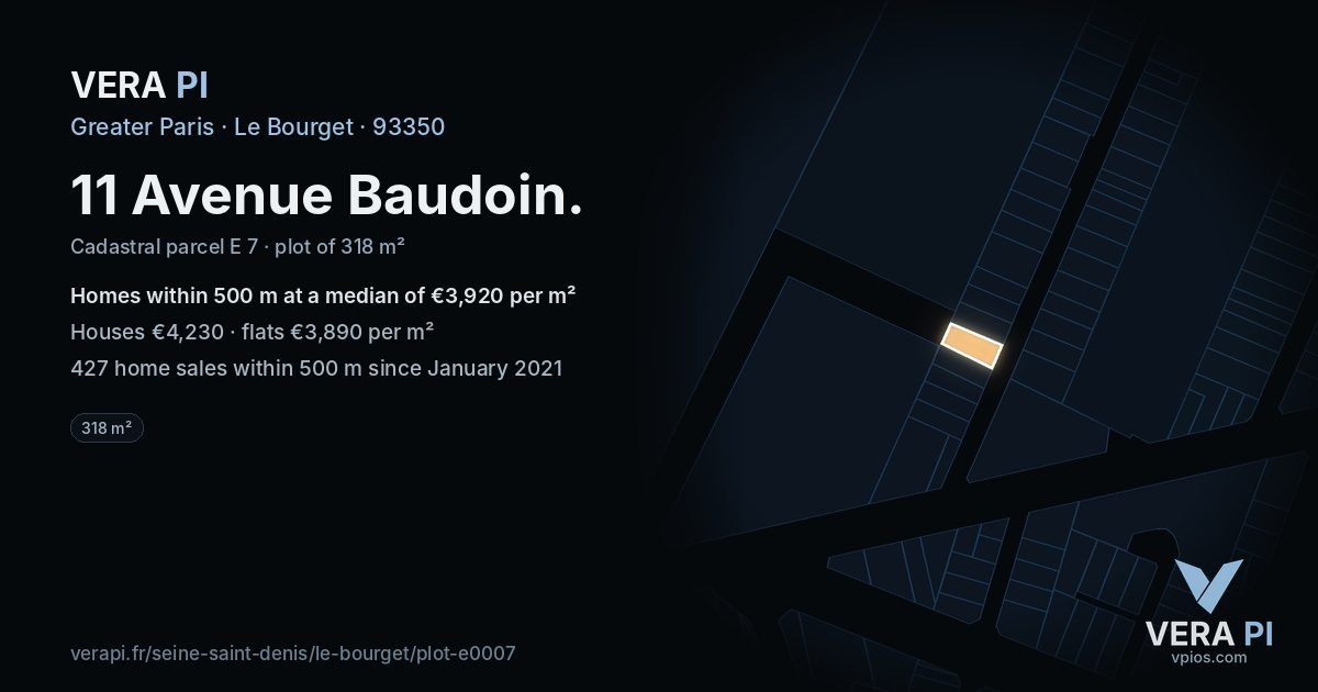 11 Avenue Baudoin, Le Bourget at night – the plot lit, the parcels around coloured by the prices near them