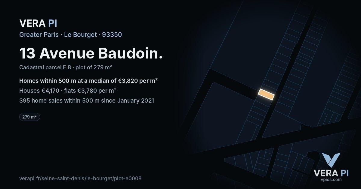 13 Avenue Baudoin, Le Bourget at night – the plot lit, the parcels around coloured by the prices near them